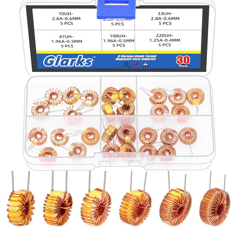 Glarks 30pcs 6 Sizes Toroid Core Inductor Kit, 10UH-2.8A 22UH-2.8A 33UH-2.8A 47UH-1.96A 100UH-1.96A 220UH-1.25A Inductance Copper Coil, Toroid Magnetic Inductor for Transformers DIY Circuit Board - Image 1